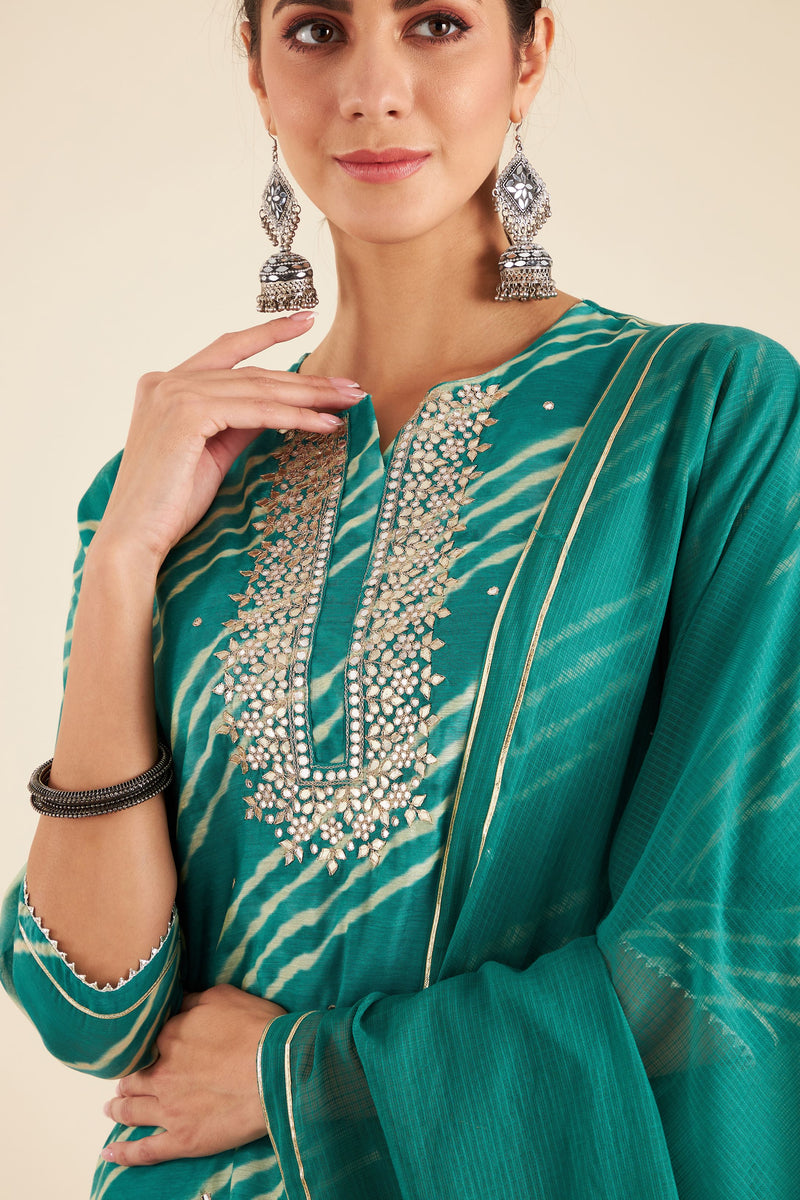 Teal Blue Leheriya Chanderi Suit Set (with Pants and Dupatta)