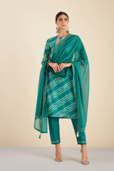 Teal Blue Leheriya Chanderi Suit Set (with Pants and Dupatta)