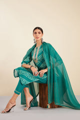 Teal Blue Leheriya Chanderi Suit Set (with Pants and Dupatta)