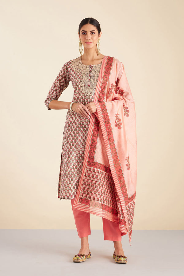 Hand Block Printed Pink Chanderi kurta set (with Pants and Dupatta)