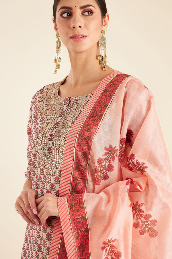 Hand Block Printed Pink Chanderi kurta set (with Pants and Dupatta)