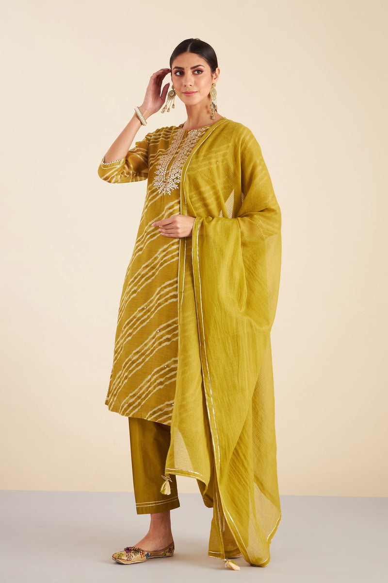 Mehndi Green Leheriya Chanderi Suit Set (with Pants and Dupatta)