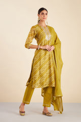 Mehndi Green Leheriya Chanderi Suit Set (with Pants and Dupatta)