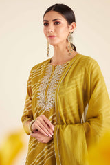 Mehndi Green Leheriya Chanderi Suit Set (with Pants and Dupatta)