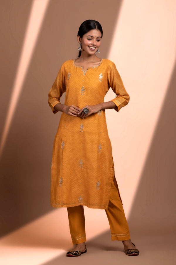 Mustard Straight fit Chanderi Kurta set (with Pant and Dupatta)