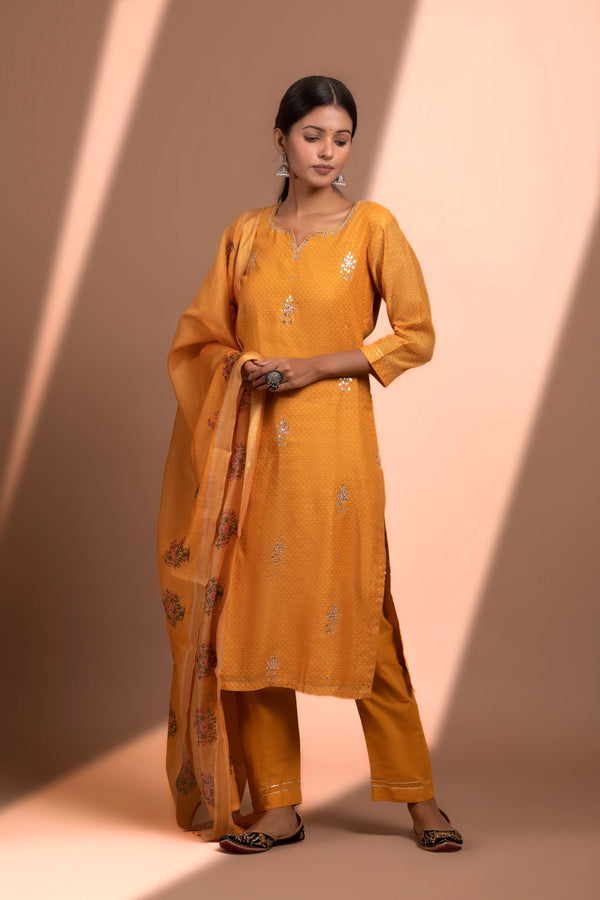 Mustard Straight fit Chanderi Kurta set (with Pant and Dupatta)