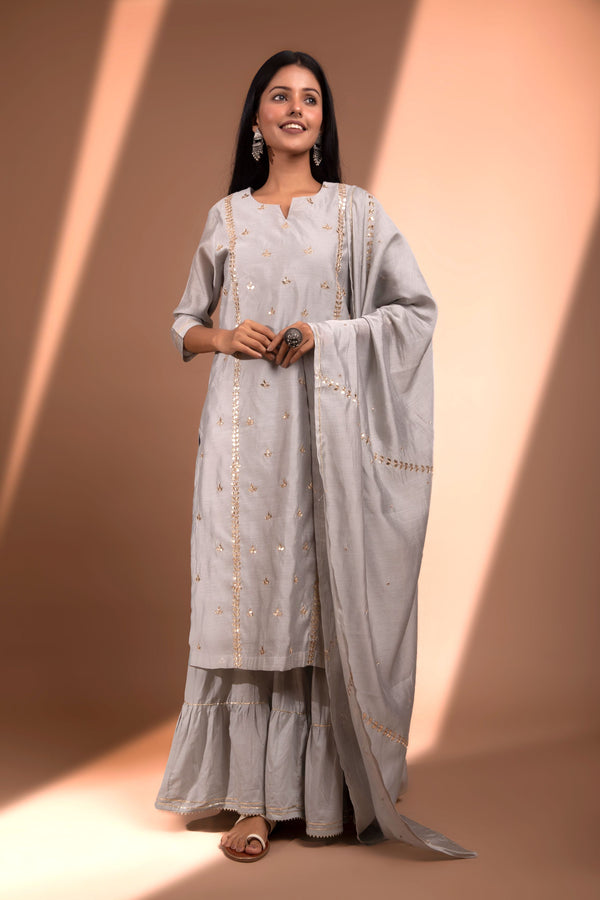 Grey Straight fit Chanderi Kurta set (with sharara and Dupatta)