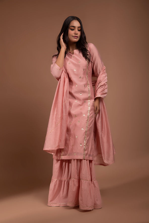 Pink Straight fit Chanderi Kurta set (with sharara and Dupatta)