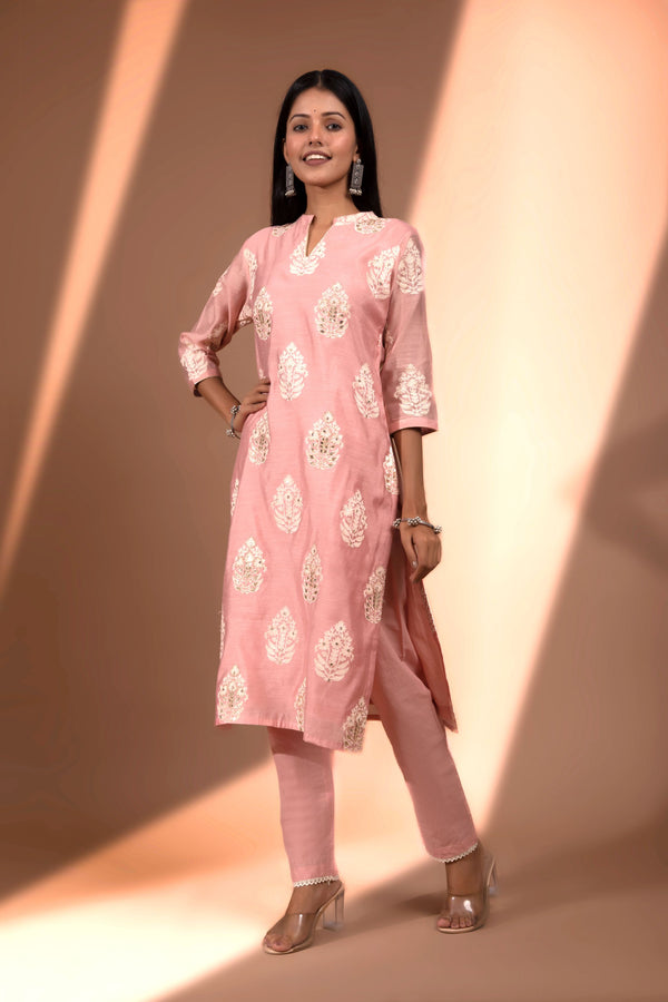 Peach  Straight fit Chanderi Kurta set (with Pants and Dupatta)