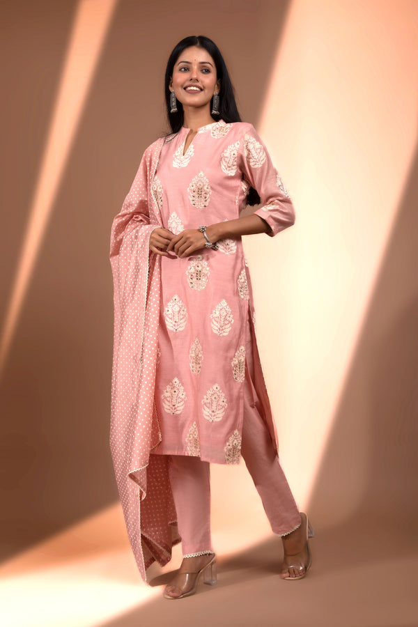 Peach  Straight fit Chanderi Kurta set (with Pants and Dupatta)