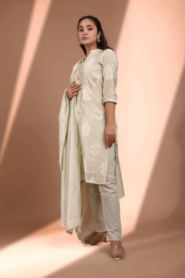 M. Green  Straight fit Chanderi Kurta set (with Pants and Dupatta)