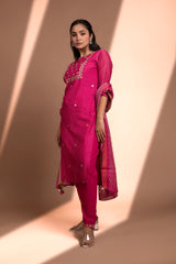 Pink Straight fit Chanderi Kurta set (with Pant and Dupatta)