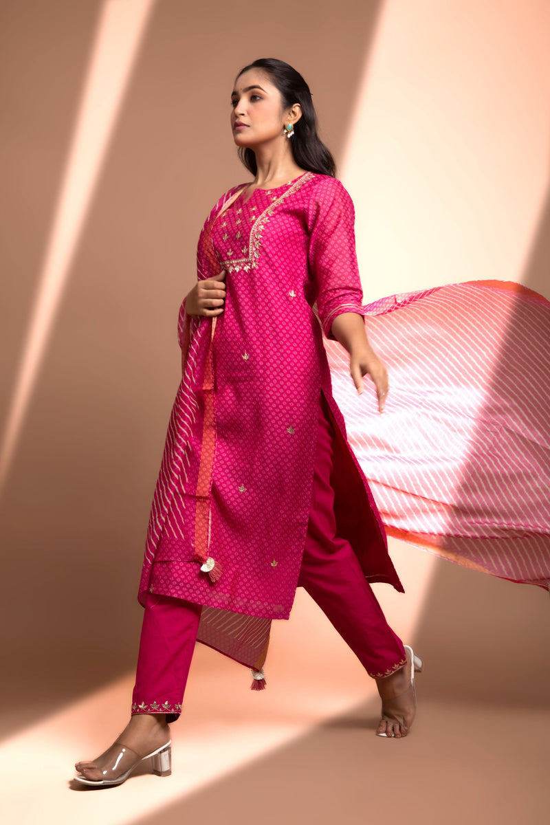 Pink Straight fit Chanderi Kurta set (with Pant and Dupatta)