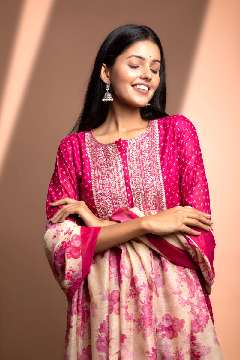 Pink Straight fit Chanderi Kurta set (with Pant and Dupatta)