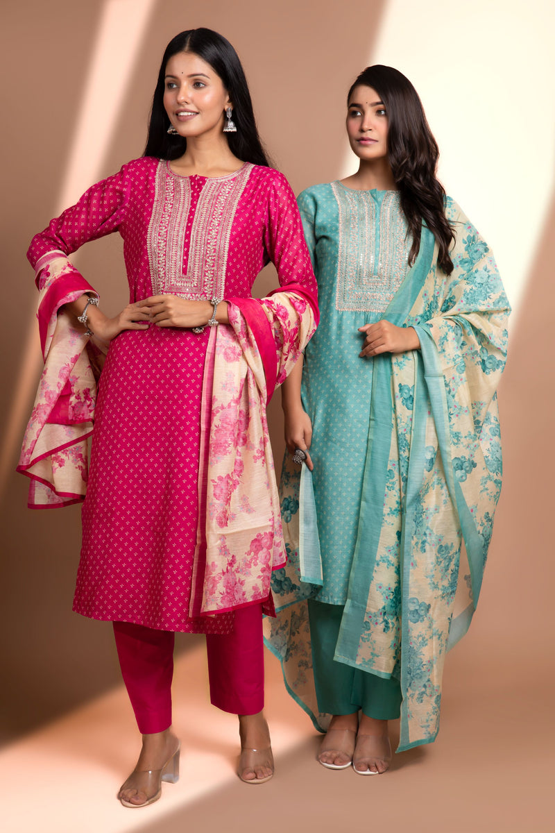 Pink Straight fit Chanderi Kurta set (with Pant and Dupatta)