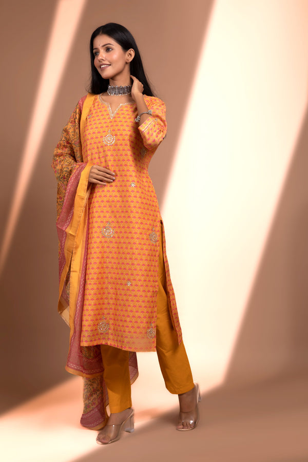 Mustard Straight fit Chanderi Kurta set (with Pant and Dupatta)