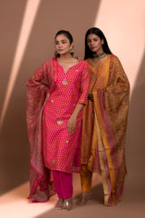 Dark Pink  Straight fit Chanderi Kurta set (with Pant and Dupatta)