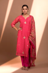 Dark Pink  Straight fit Chanderi Kurta set (with Pant and Dupatta)