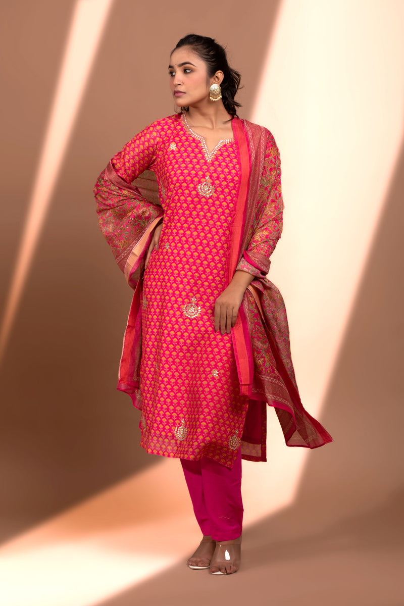 Dark Pink  Straight fit Chanderi Kurta set (with Pant and Dupatta)