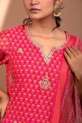 Dark Pink  Straight fit Chanderi Kurta set (with Pant and Dupatta)