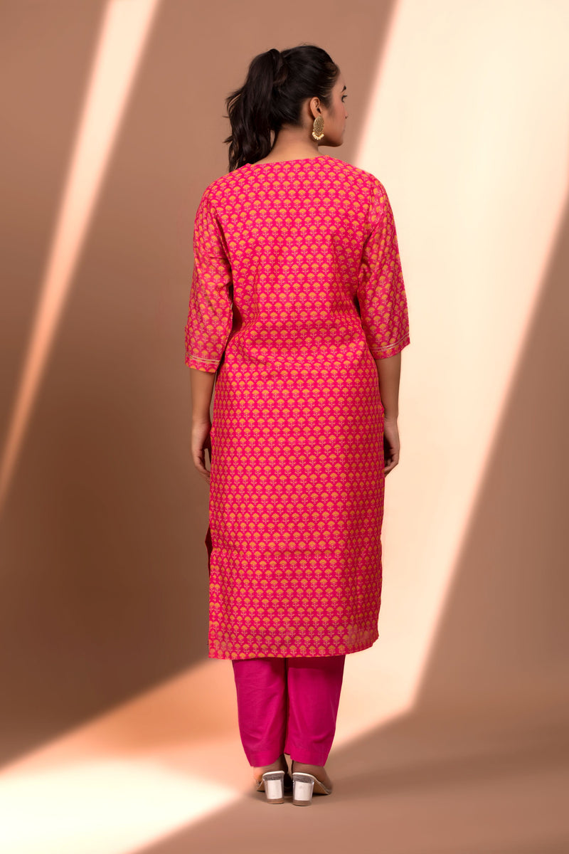 Dark Pink  Straight fit Chanderi Kurta set (with Pant and Dupatta)