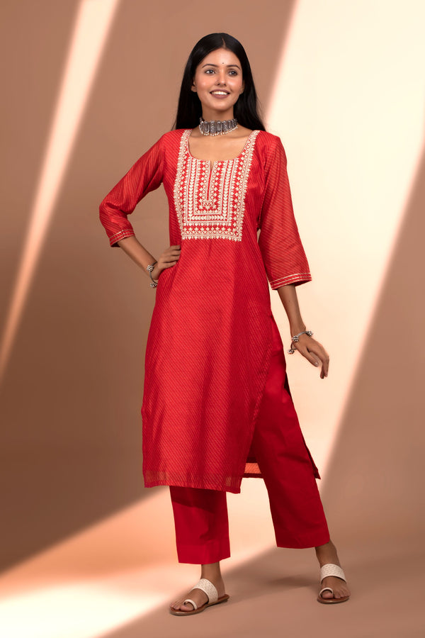 Red Straight fit Chanderi Kurta set (with Pant and Dupatta)