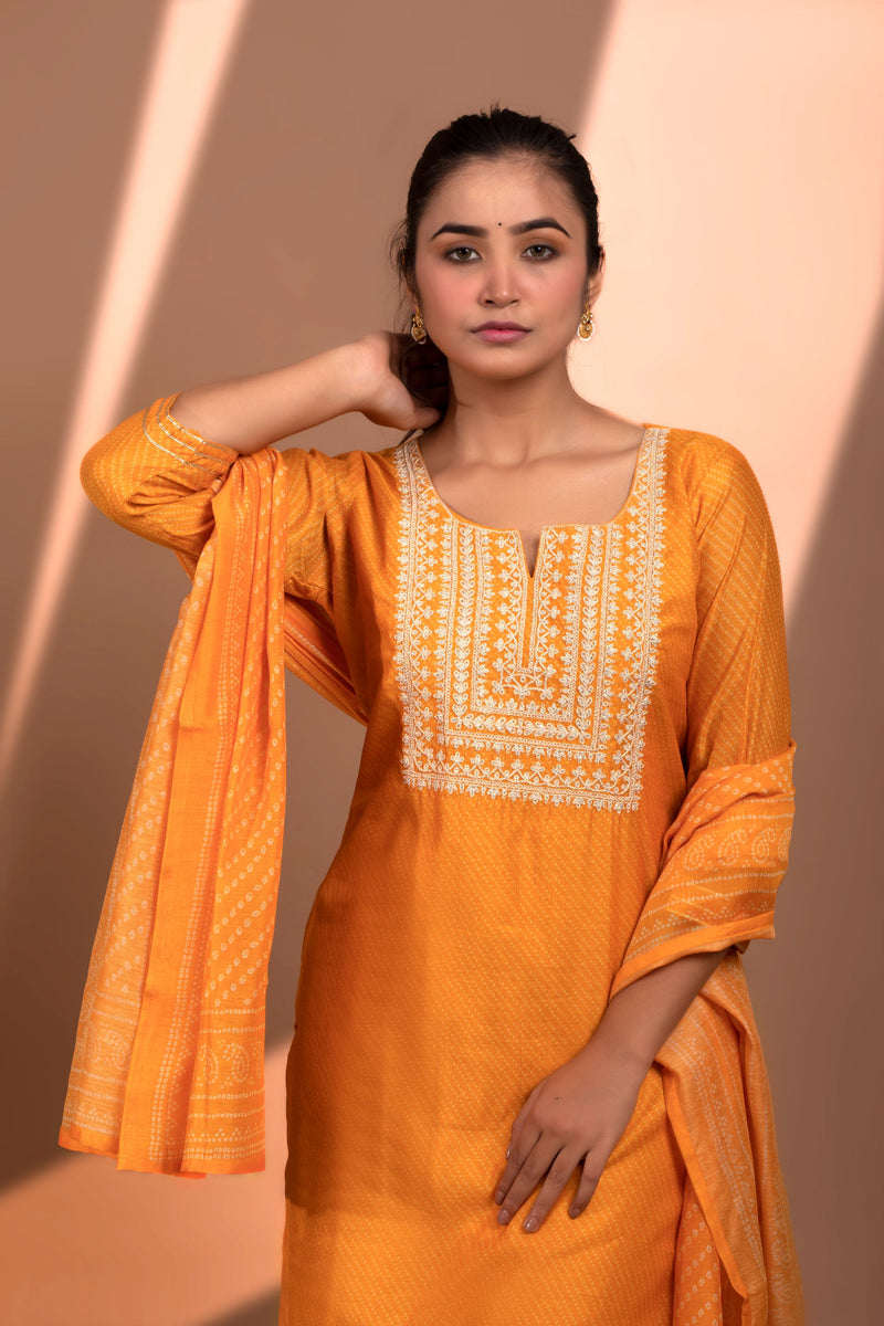 Mustrad Straight fit Chanderi Kurta set (with Pant and Dupatta)