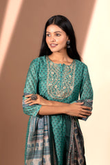 Green Straight fit Chanderi Kurta set (with Pant and Dupatta)