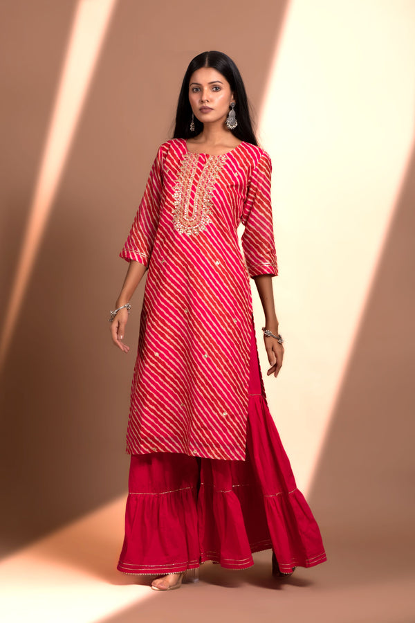 Pink Straight fit Chanderi Kurta set (with sharara and Dupatta)