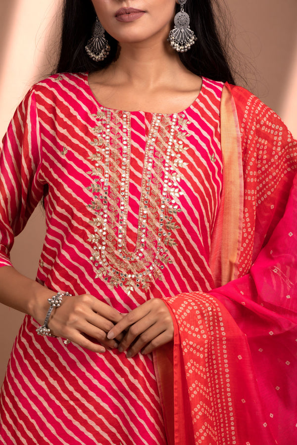 Pink Straight fit Chanderi Kurta set (with sharara and Dupatta)