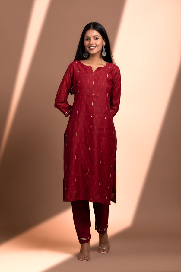 Maroon Straight fit Chanderi Kurta set (with Pant and Dupatta)