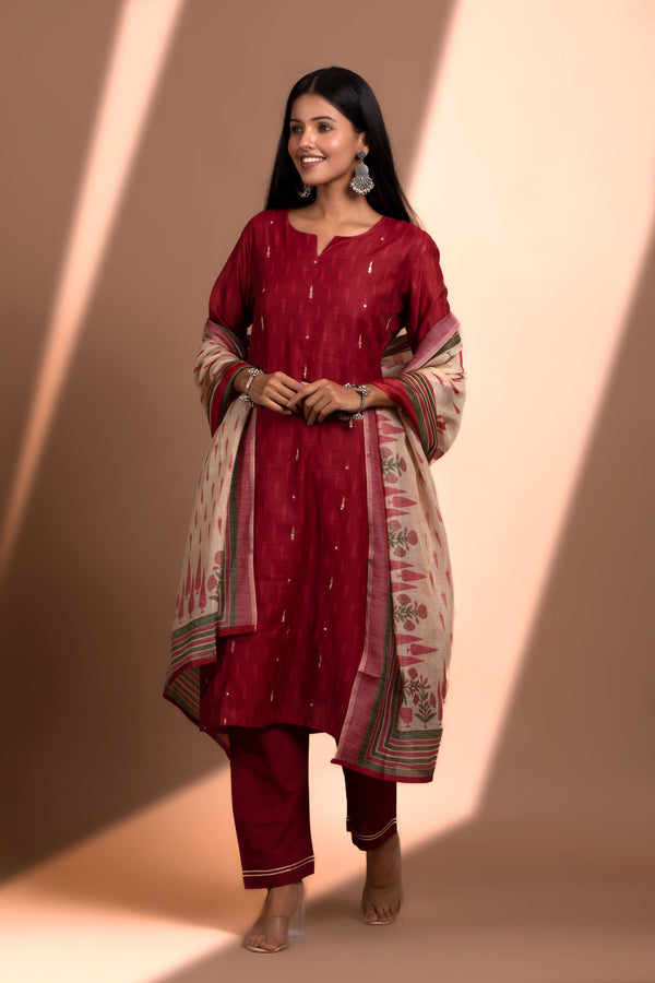 Maroon Straight fit Chanderi Kurta set (with Pant and Dupatta)