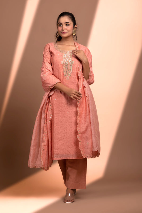 Peach Straight fit Chanderi Kurta set (with Pant and Dupatta)