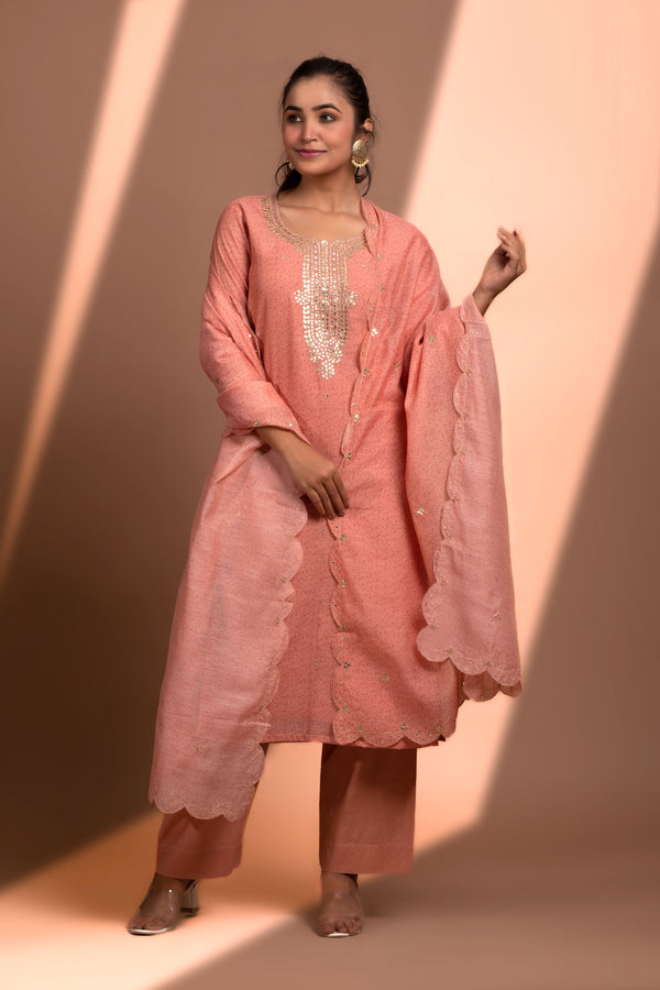 Peach Straight fit Chanderi Kurta set (with Pant and Dupatta)