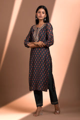 Hand Block Printed Grey  Chanderi kurta set (with Pants and Dupatta)