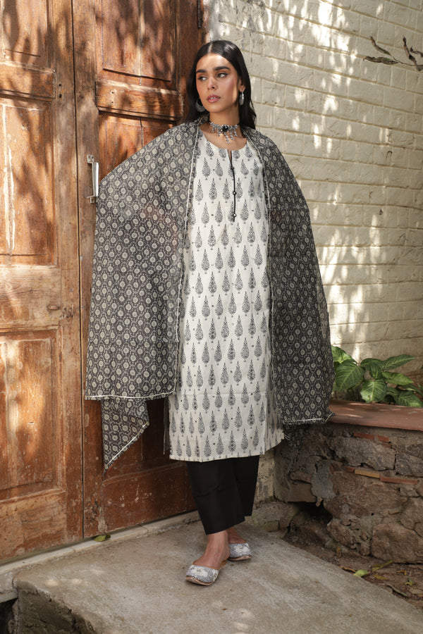 Hand Block Printed Black and Off white Cotton kurta set (with Pants and Dupatta)