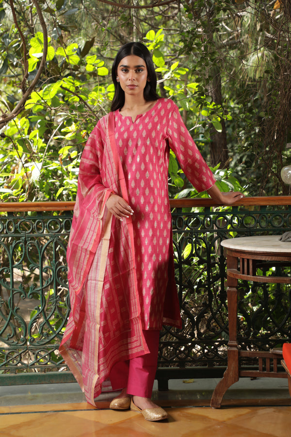 Dark Pink  Chanderi Suit Set (with Pants and Dupatta)