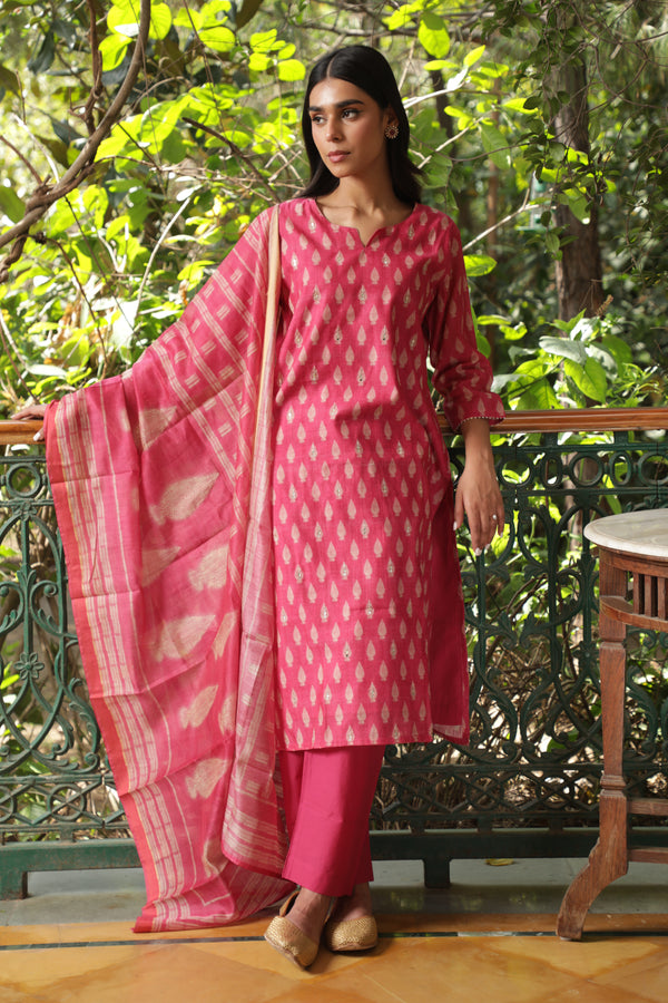 Dark Pink  Chanderi Suit Set (with Pants and Dupatta)