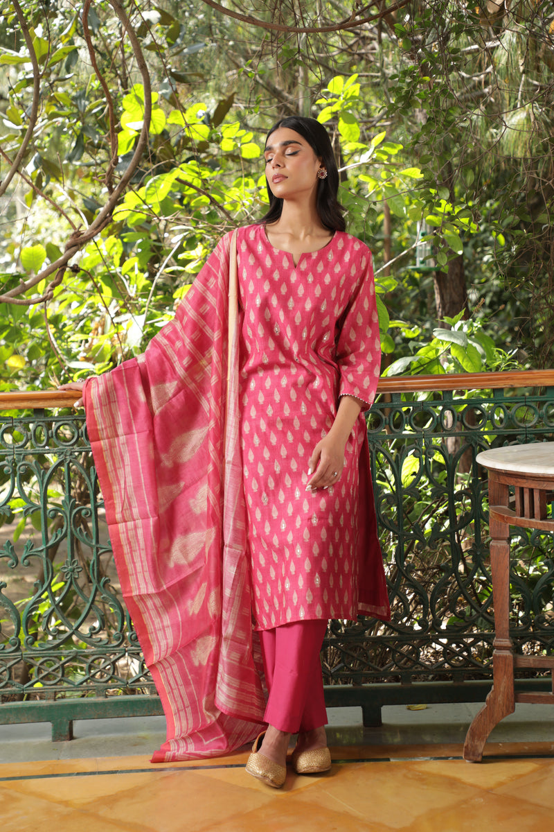 Dark Pink  Chanderi Suit Set (with Pants and Dupatta)