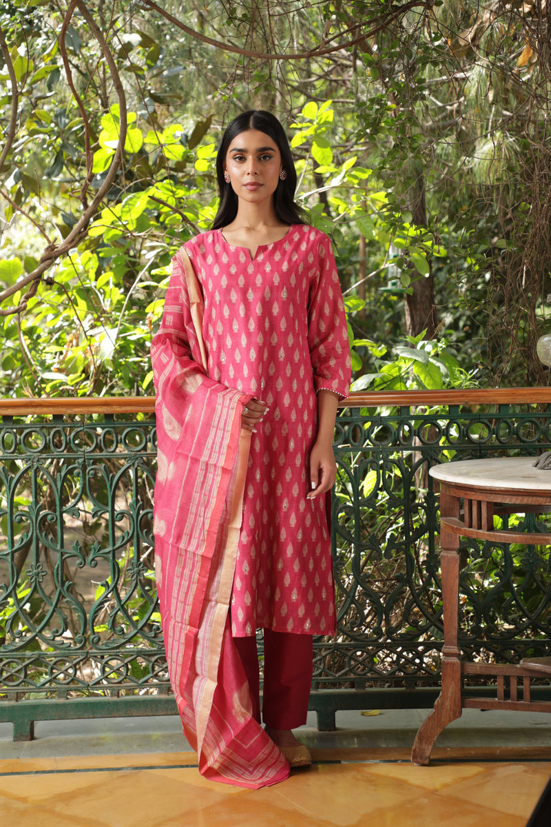 Dark Pink  Chanderi Suit Set (with Pants and Dupatta)