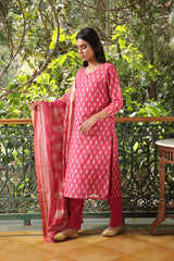 Dark Pink  Chanderi Suit Set (with Pants and Dupatta)