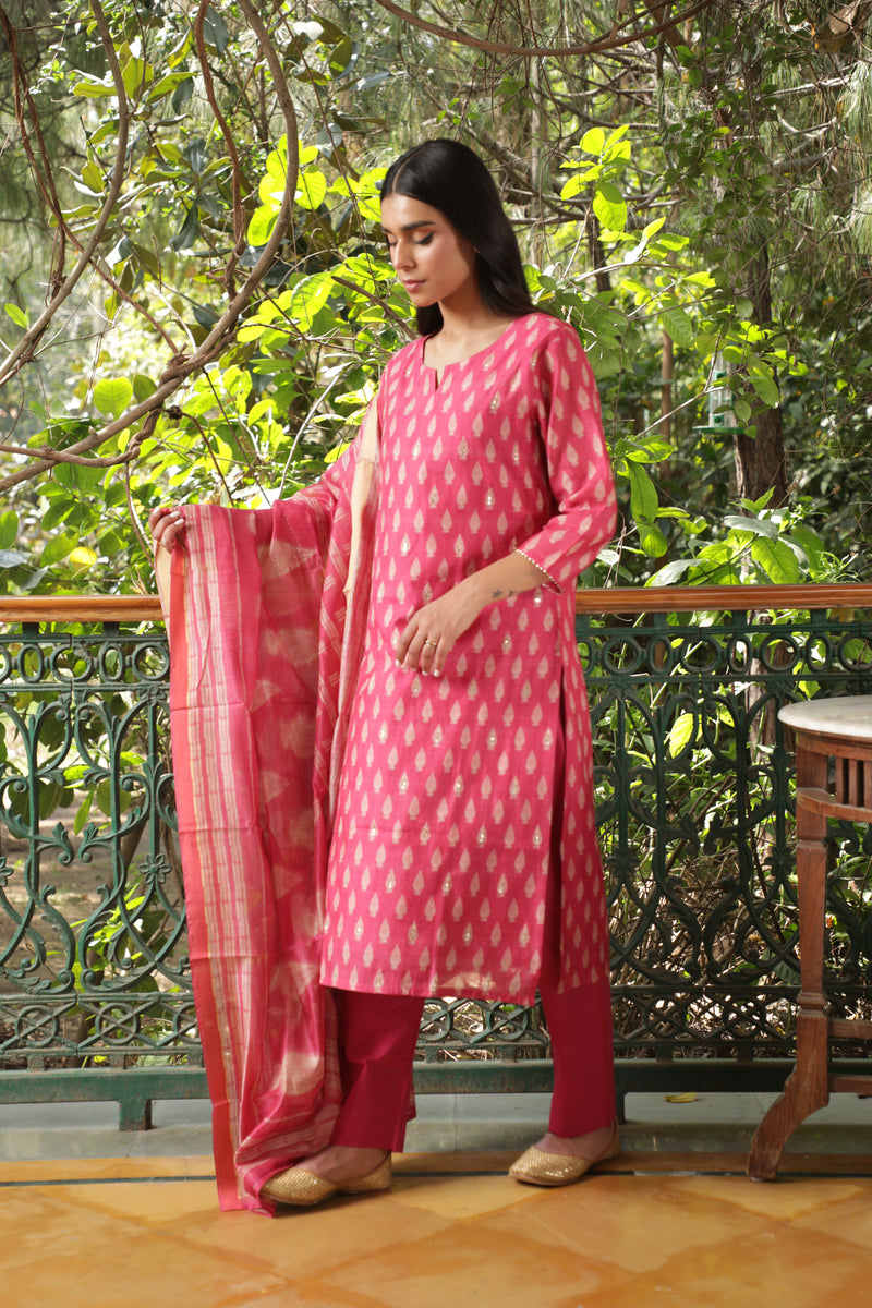 Dark Pink  Chanderi Suit Set (with Pants and Dupatta)