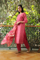 Dark Pink  Chanderi Suit Set (with Pants and Dupatta)