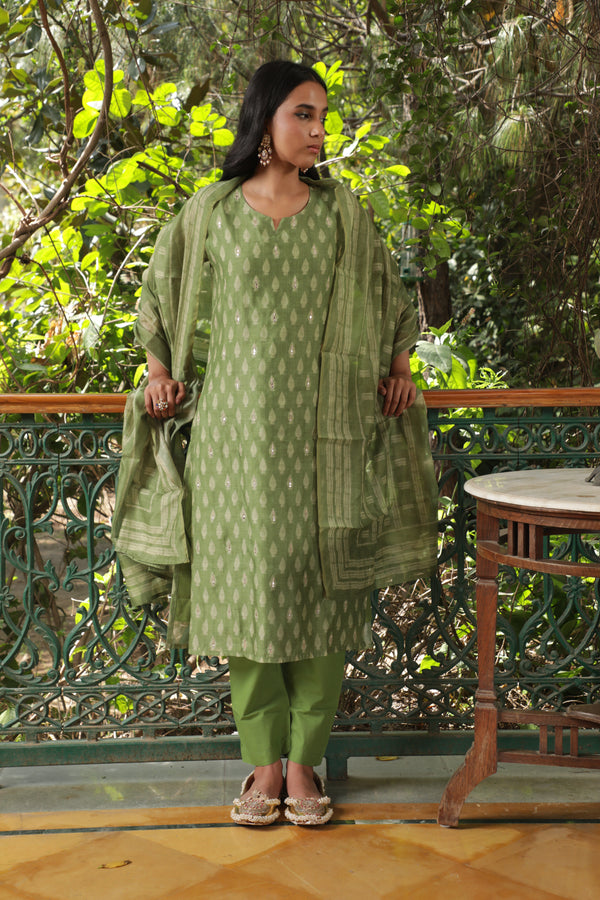 Green Chanderi Suit Set (with Pants and Dupatta)