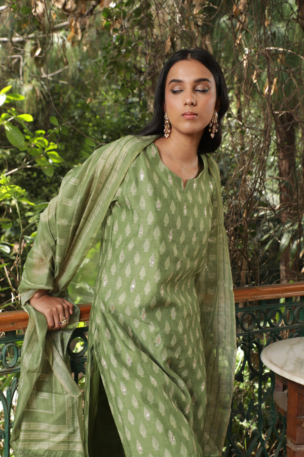 Green Chanderi Suit Set (with Pants and Dupatta)