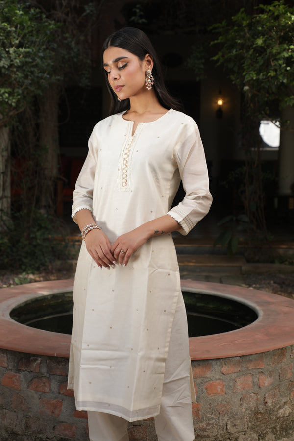 Offwhite Chanderi Suit Set (with Pants and Dupatta)