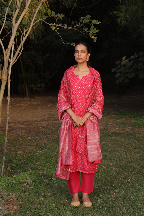 Dark Pink  Chanderi Suit Set (with Pants and Dupatta)