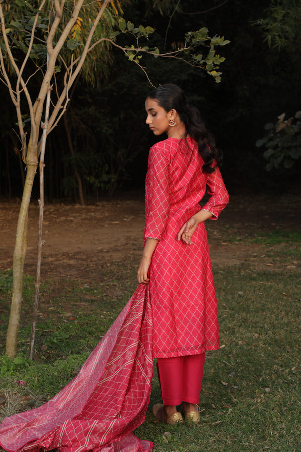 Dark Pink  Chanderi Suit Set (with Pants and Dupatta)