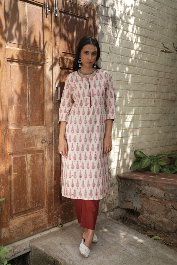 Hand Block Printed Maroon and Off white Cotton kurta set (with Pants and Dupatta)