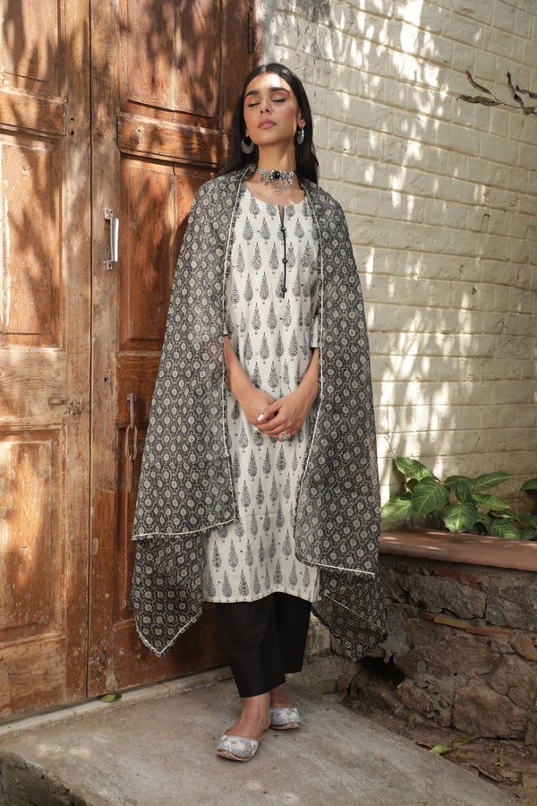 Hand Block Printed Black and Off white Cotton kurta set (with Pants and Dupatta)